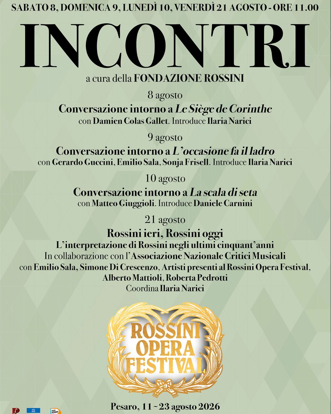 8,9,10,21 Agosto 2026 | Incontri  – Sala della Repubblica, Teatro Rossini